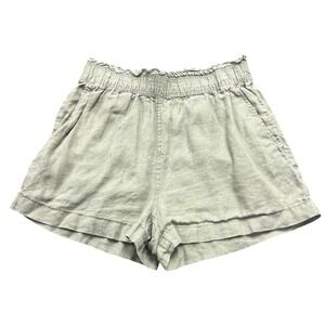 H&M Sage Green 100% Linen Paperbag Waist Shorts Small High Rise Pockets